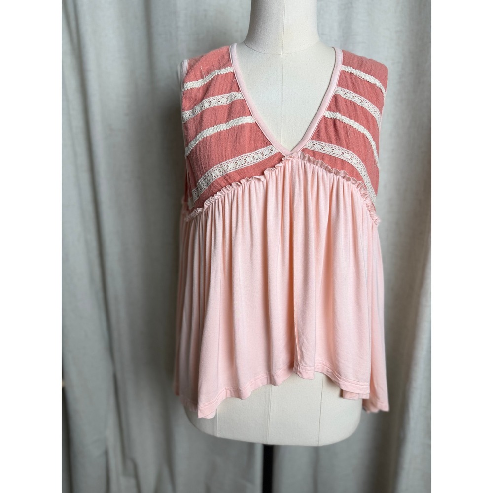 POL Women Pink Coral Lace Trim Babydoll Boho V-Neck Sleeveless Tank Top Small